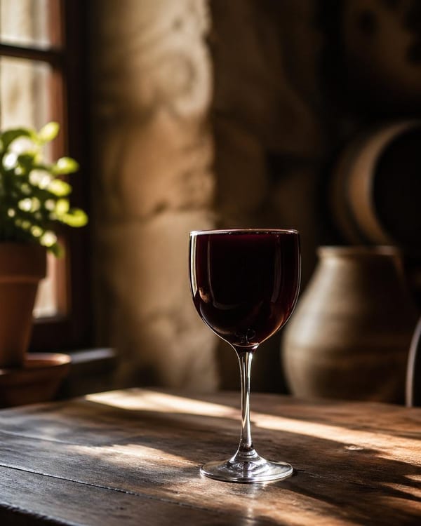 Viñedo con copa de vino en primer plano