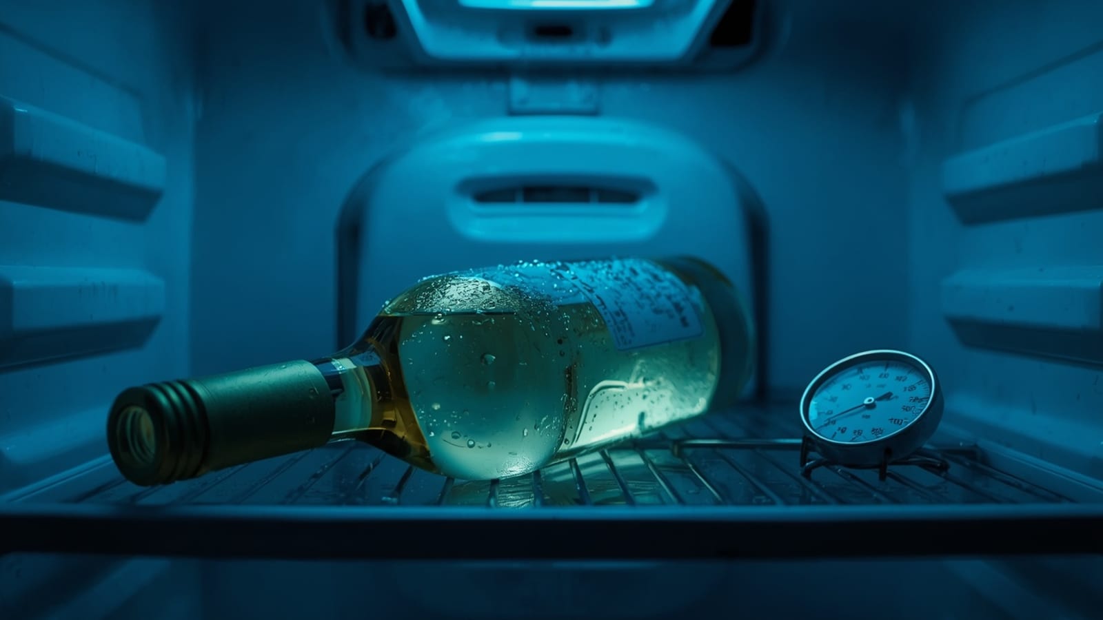 Botella de vino blanco dentro de una nevera con gotas de condensación