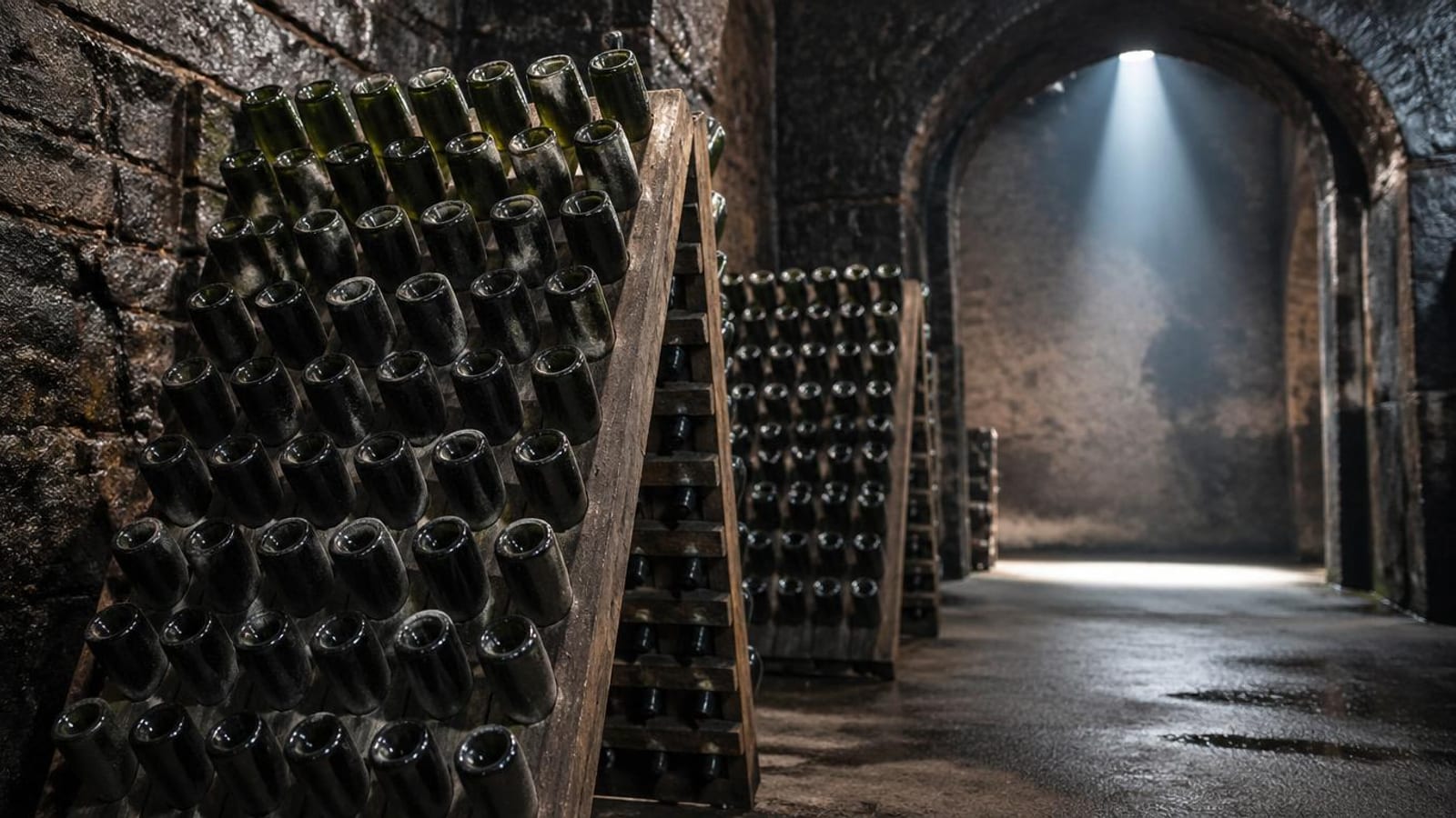 Botellas de Cava en pupitres durante el removido, bodega en penumbra