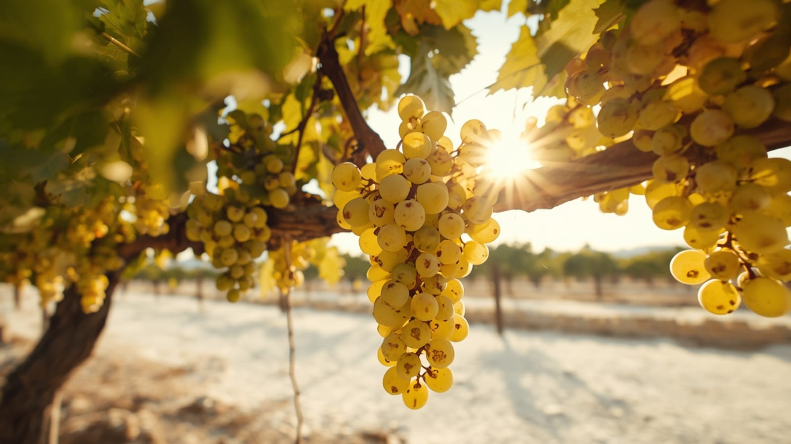 Racimos de uva Palomino Fino sobre suelo de albariza blanca bajo el sol de Jerez