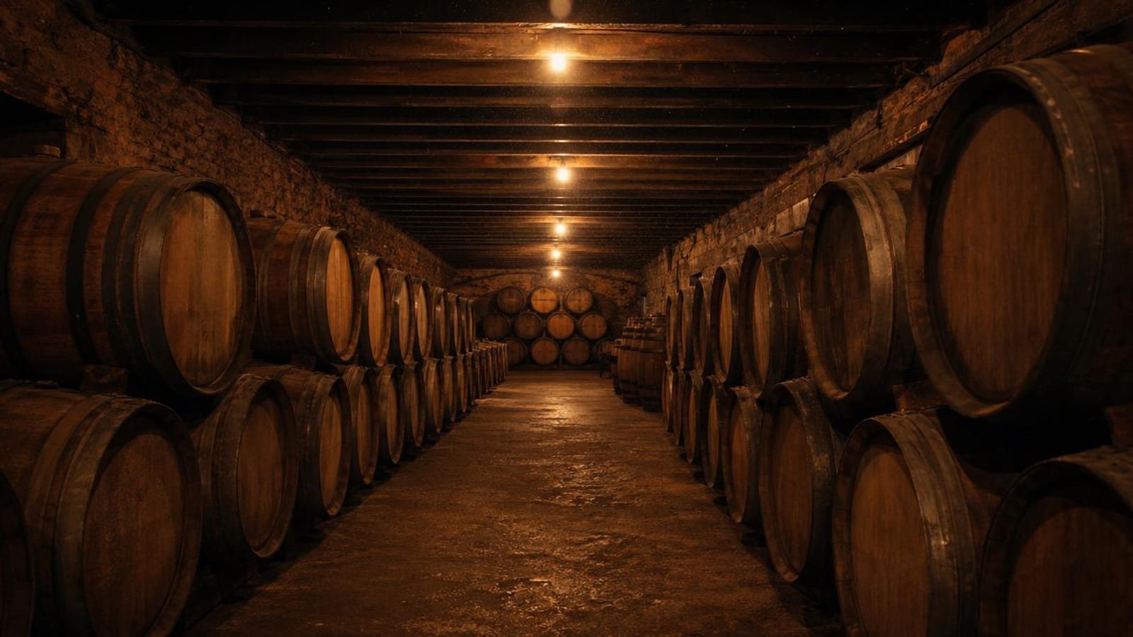 Interior de una bodega con barricas de roble apiladas, luz cálida lateral